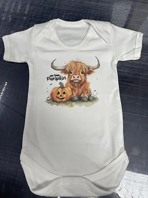 Hey There Pumpkin - Cute Baby Grow / Romper  - Highland Cow / Pumpkin Halloween • £10