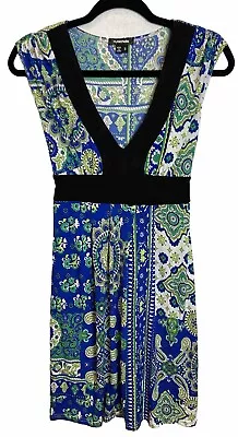 My Michelle Dress Juniors Size 3 Blue Paisley Stretch Knit Tie Empire Waist Y2K • $19.88
