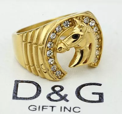 DG Mens Stainless-SteelHorse HeadHorseshoe.Cubic Zirconia Ring Gold Plated Box • $14.99