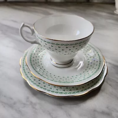 Queen Anne Teacup Saucer And Plate Set Green White Bone China • £9.99