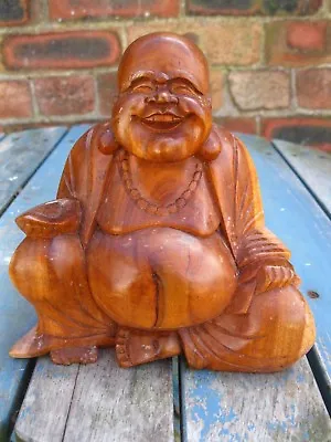 WOODEN HAPPY BUDDHA FIGURE Ornament 15 Cm CHINESE LAUGHING Sitting HAND CARVED  • £18.99