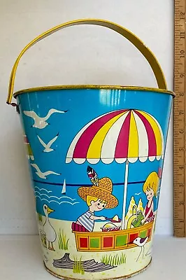 Vintage J. Chein Metal Beach Pail With Beach Scenes Some Rust & Paint Loss • $15