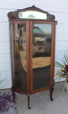 Quartersawn Carved Oak Curved Glass China Display Cabinet Bevel Mirror Antique • $845