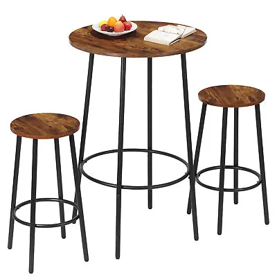 Bar Table Set 3-Piece Round Pub Table Set Bar Table And Bar Stools Rustic Brown • $51.58