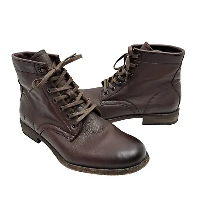 Frye Tyler Women's 9 Dark Brown Leather Combat Moto Lace Up Heeled Ankle Boots • $100