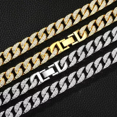 Men's 14MM Gold Plated Heavy Iced CZ Out Miami Cuban Link Bracelet Or Chain • $9.39