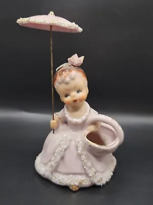 Spaghetti Trim Pink Girl With Umbrella Parasol Vase Planter 50s Vintage UCAGCO  • $35