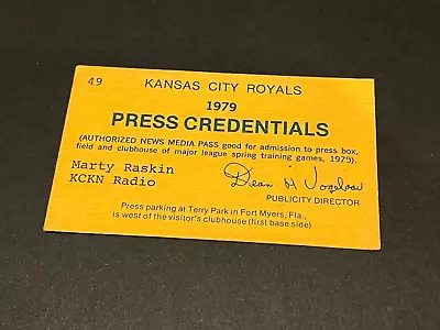 1979 Pass Kansas City Royals Media Credential *not A Ticket Vintage Kckn Radio • $24.95