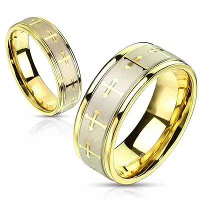 Stainless Steel Gold Plated Brushed Fancy Cross Wedding Band Ring Size 5-13 • $9.99
