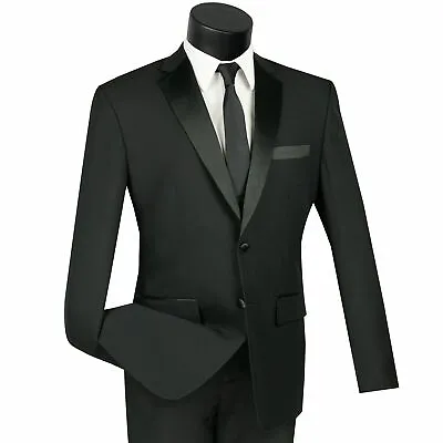 LUCCI Men's Black Slim Fit Formal Tuxedo Suit W/ Sateen Lapel & Trim NEW • $80