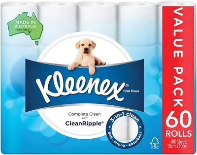 $41.99 • Buy 60X New Kleenex Toilet Paper Tissue Rolls 3-Ply 180 Sheets -Soft Toilet Roll