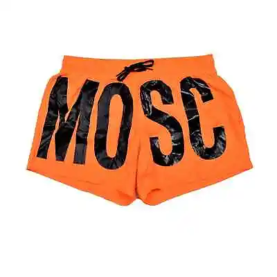 MOSCHINO MEN'S BLACK ON ORANGE NEON LOGO SWIM TRUNKS Size L • $55