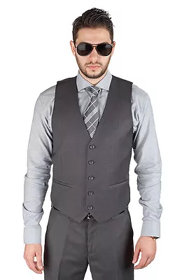 Men's Grey Dress Suit Vest 5 Button V Neck Adjustable Back Strap Formal AZAR MAN • $28.95