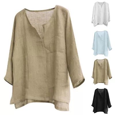 Mens Cotton Linen Long Sleeve T-shirt Casual Loose V Neck Beach Tops Tunic Tee • £5.60