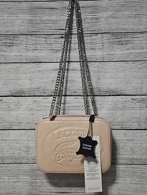 NWT Lacoste Women's Pink Croco Crew Grained Leather Zip Shoulder Bag  • $210.76