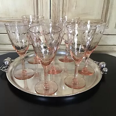 (7) Depression Glass Vernon Pink By Morgantown Wine Water Glasses Festoon Optic  • $77.90