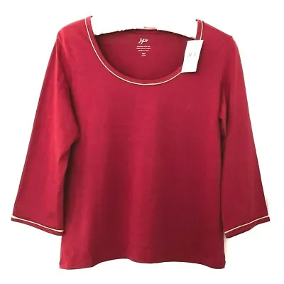J Jill Rolled Piping Trim Pima Cotton Top 3/4 Sleeve Scoop Neck Sz XSP Red $39 • $27.30
