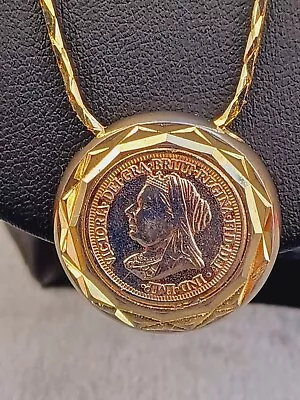 Vintage Queen Victoria Cased Coin Medal Pendant Gold Plated Chain  Jewellery #99 • £16.99