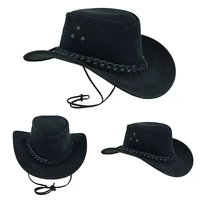 £15.99 • Buy Men Real Leather Black Western Aussie Style Women Cowboy Outback Hat Size S-XXL
