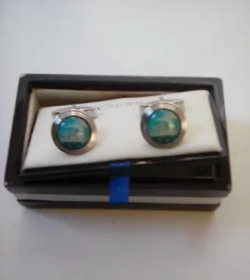 Vtg Nautica Cufflinks Sailboat Yacht Blue White Silvertone Z • $18.90