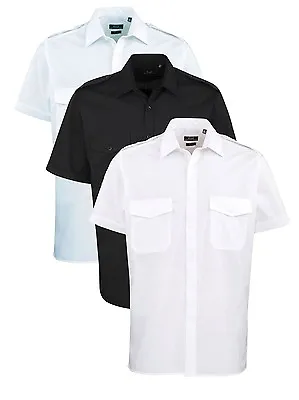 BLACK BLUE Or WHITE Easy Iron Short Sleeve Pilot Shirt With Epaulette Tabs • £18.99