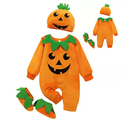 Toddler Baby Pumpkin Romper Costume Halloween Jumpsuit Hat Booties Outfit Set UK • £14.66