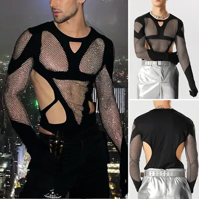 Sexy Mens Glitter Mesh Patchwork Cutout Bodysuit Leotard Slim Tops Underwear UK • £15.19