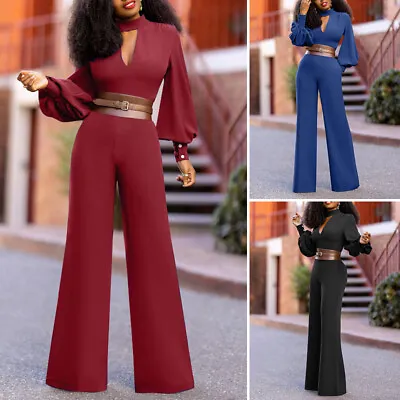 Sexy Womens Halterneck Long Sleeve Jumpsuits Playsuits Wide Leg Palazzo Pants • £25.99
