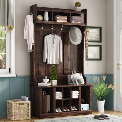 $105.81 • Buy Hall Tree With 4 Hooks And Hinged Lid Coat Hanger Entryway Bench Coat Rack