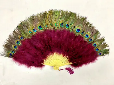 Burgundy MARABOU Feather Fan With Peacock 30  X 15  Burlesque/Costume • $26.99