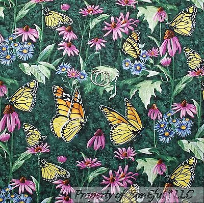 BonEful Fabric FQ Cotton Quilt Green Grass Yellow Flower Monarch Butterfly VTG S • $5.51