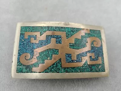 Made In MEXICO Vintage BELT BUCKLE Turquoise SILVER Gold 3x1.75” Aztec Inca • $21.25