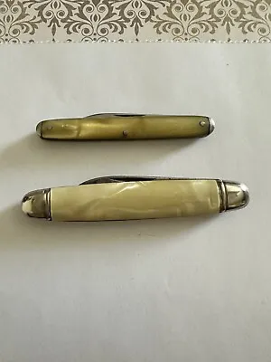 Set Of 2 Vintage Yellow Cracked Ice Pocket Knife John Primble Richards Sheffield • $20