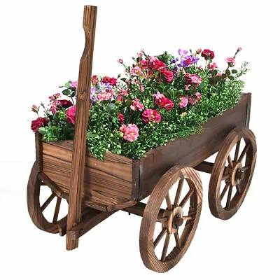 Costway Wood Wagon Flower Planter Pot Stand W/Wheels Home Garden Outdoor Decor • $89.49