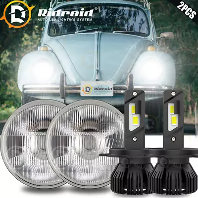 7 Round Glass Clear Lens Headlights H6024+200W H4 LED Bulb Hi-Low For VW Beetle • $79.99