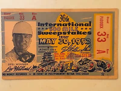 1952 Indianapolis 500 Ticket Stub Very Good Condition • $122