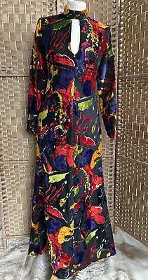 Devoré Velvet 1970s Multi Coloured Abstract Fitted Maxi Dress Sexy Cut Out Bust • $93.34