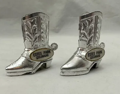 Vintage Estes Park CO - Silver Cowboy Boot Salt And Pepper Shaker Metal 2” Tall • $12.50