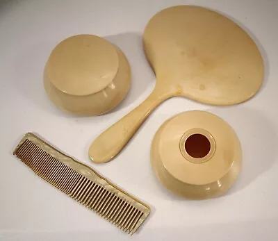 Vintage Bakelite Celluloid Dresser / Vanity Set Comb Beveled Mirror Pale Yellow • $23.95