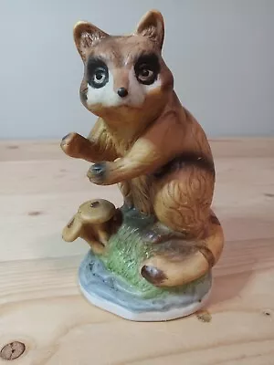 Ceramic Raccoon In Grass With Mushrooms Figurine • $12