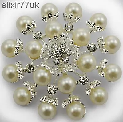 New 2.3  Silver Flower Faux Pearl Brooch Diamante Crystal Wedding Broach Cake Uk • £5.69