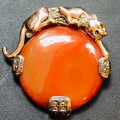 $58 • Buy Signed RN 62079 Sterling Silver Orange Cabochon Leopard Cat  Vtg Brooch Pin