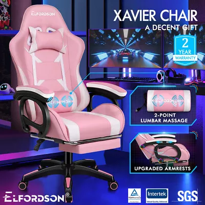 ELFORDSON Gaming Office Chair Racing Massage Leather Computer Seat Footrest • £79.99