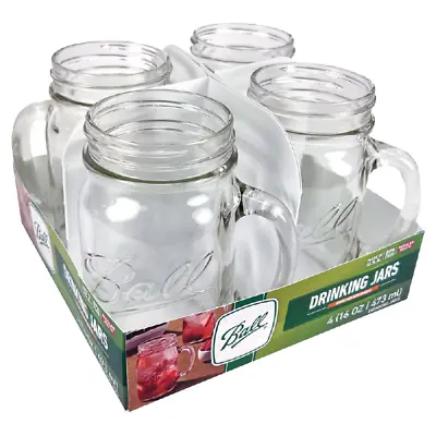 4 Pack Ball Pint 16 Oz Clear Mason Jars Party Drinking Mug Glasses W Handles • $29.50