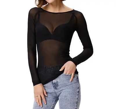 £7.99 • Buy Womens Sheer Mesh Top Ladies Long Sleeve See Through Round Neck Stretchy T-shirt