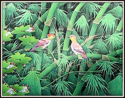 Balinese Original Painting   Birds In Bamboo   Incredible!  (27  H X 35  W ) • $301