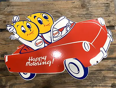 VINTAGE ESSO HAPPY MOTORING Red Car LARGE PORCELAIN SIGN GAS OIL PUMP STATION • $129