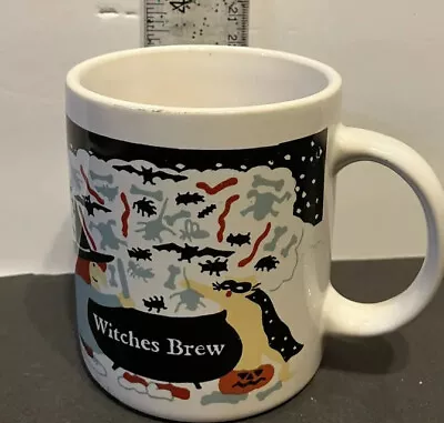 Halloween Coffee Mug Witches Bats Brew Cauldron Tea Cup Black W Broom Kettle • $13.47