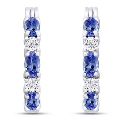 Hoop Earrings Oval Simulated Tanzanite & Natural Diamond In Sterling Silver 925 • $173.44