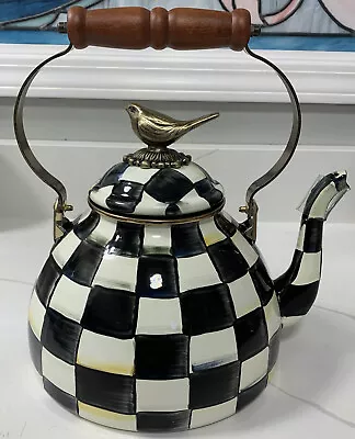 MacKenzie-Childs Courtly Check Enamel Tea Kettle With Bird Topper Stovetop NWD • $150